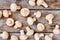 Scattered mushrooms on wooden backdrop.