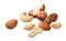 Scattered pecan, hazelnut, almond, peanut and brazil nuts isolated on white background