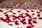 Scattered petals from red roses on a bed