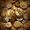 A scattered pile of various coins with images. A pile of coins