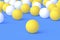 Scattered ping pong balls on blue background. Leisure games. International competitions