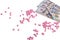 Scattered pink pills on a white background next to US dollars