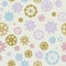 Scattered sprocket-wheels, gear silhouettes seamless pattern, pastel colors. Children`s design. Seamless pattern silhouette cut g