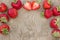 Scattered strawberries on wooden table (can be used as background, card)