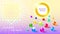 Scattered on the surface multicolored sparkling glass bubbles round banner on a purple gradient background