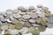 a scattering coins from different countries on a white background