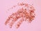 Scattering of pink himalayan salt crystals on a pastel pink background. Himalayan salt is used in cooking, medicine and