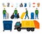 Scavengery, trash and garbage colored icons. Trash truck and garbage can, scavenger and household waste