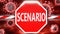 Scenario and Covid-19, symbolized by a stop sign with word Scenario and viruses to picture that Scenario is related to the future