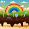 Scene with candy land and rainbow on a background of meadows