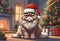 Scene of a cute persian cat wearing a red Santa Claus hat on its head
