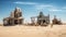 Scene of desolation in the desert, with multiple abandoned houses partially submerged in the sand