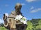 Scene in a graveyard: close-up of a large stone statue of a saint holding a book.