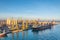 Scene with harbor cranes, elevators, ships and cargoes in Casablanca port, Morocco