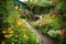 scene of lush green garden, with blooming flowers and buzzing bees