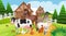 Scene with many farm animals in the farmyard