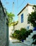 Scene from Mediterranean hillside seaside island town of Hydra Greece