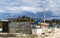 Scene from Mexican fishing marina in the Yucatan during the rainy season - boats and equipment all around