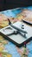 Scene Model plane on notebook amidst map inspires wanderlust for travel