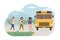 Scene of multiethnic, mix race kids picked up by yellow school bus. Children going back to school. Vector illustration