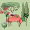 Scene with outdoor lunch. Hand drawn and colored cutout objects. Food, container  plants and furniture in sketch style.