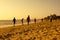 Scene of people men doing musculation sport on sand at beach during sunset in Africa, Senegal