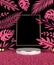 Scene podium display with pink tropical leaf background Computer generated image