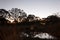 Scene by a pond at twilight when the crescent moon rises and  Buddha in a meditation posture Asian religion known as Buddhism