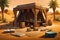 Scene presents a dramatic tableau where an archaeologist\\\'s tent stands boldly amidst the vast expanse of a desert