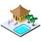 Scene of rest in isometric view with country house, pool, sun beds, palm trees and people