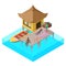 Scene of rest in isometric view with sea bungalow, motorboat, sun beds, umbrella and people