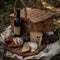A scene of a romantic picnic for two with a basket filled with wine.