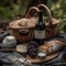 A scene of a romantic picnic for two with a basket filled with wine.