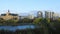 Scene of Saskatoon, Canada cityscape over river