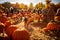 Scene set in a pumpkin patch, families picking pumpkins, children in costumes and scarecrows