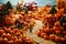 Scene set in a pumpkin patch, families picking pumpkins, children in costumes and scarecrows