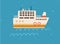 Scene with ship floating in sea or ocean. Side view of touristic ferry boat on water waves. Childish colored flat vector