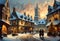 scene with a snow covered old fashioned english town in winter at twilight with ancient houses illuminated by lamps at