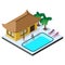 Scene of summer rest in isometric view with bungalow hotel, swimming pool, sunbeds, palm trees and people