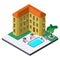 Scene of summer rest in isometric view with hotel resort, swimming pool, sunbeds, umbrellas, palm tree and people