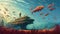 A scene in a surrealist landscape painting where swimming fish soar into the sky. It represents a supernatural and fantastic