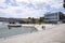 Scene with waterfront buildings from Parque das Nacoes or Park of the Nations area in Lisbon