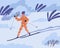 Scene with young person skiing in winter alone. Skier sliding alone in nature in cold and frosty weather. Colored flat