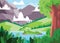 Scenery background jungle green mountains hills with big trees and plants blue water lakes cartoon flat color isolated