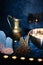 Scenery baths hammam, spa procedures. Copper jug, bowl with burn