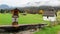 Scenery of a Bavarian farmland with a wooden trough, country houses & barns in a ranch on a foggy autumn morning