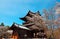 Scenery of beautiful cherry blossom trees Sakura blooming under blue clear sky in Nanzen-ji, a famous Buddhist Temple in Kyoto