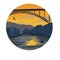 Scenery . The bridge at sunset and the silhouette of the rafting people in the boat. High quality freehand illustration.