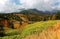 Scenery of a busdriving on a mountain highway,winding through colorful autumn forests by the mountainside in Shiga Kogen Highland