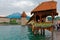 Scenery of Chapel Bridge Kapellbrucke over Reuss River in Lucerne Old Town with the Water Tower